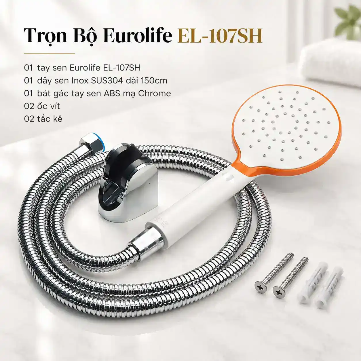 Trọn bộ tay dây sen Eurolife EL-107SH gồm tay sen, dây SUS304 150cm, bát gác, 2 ốc vít và 2 tắc kê