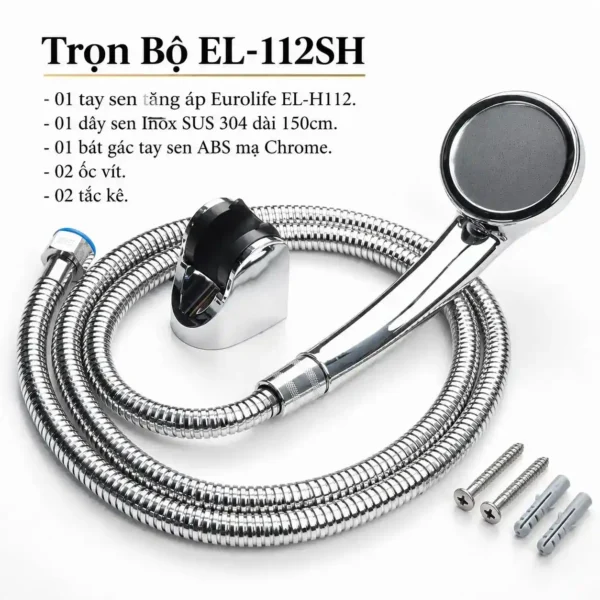 Trọn bộ Eurolife EL-112SH gồm tay sen EL-H112, dây sen SUS 304 150cm, bát gác, 2 ốc vít và 2 tắc kê