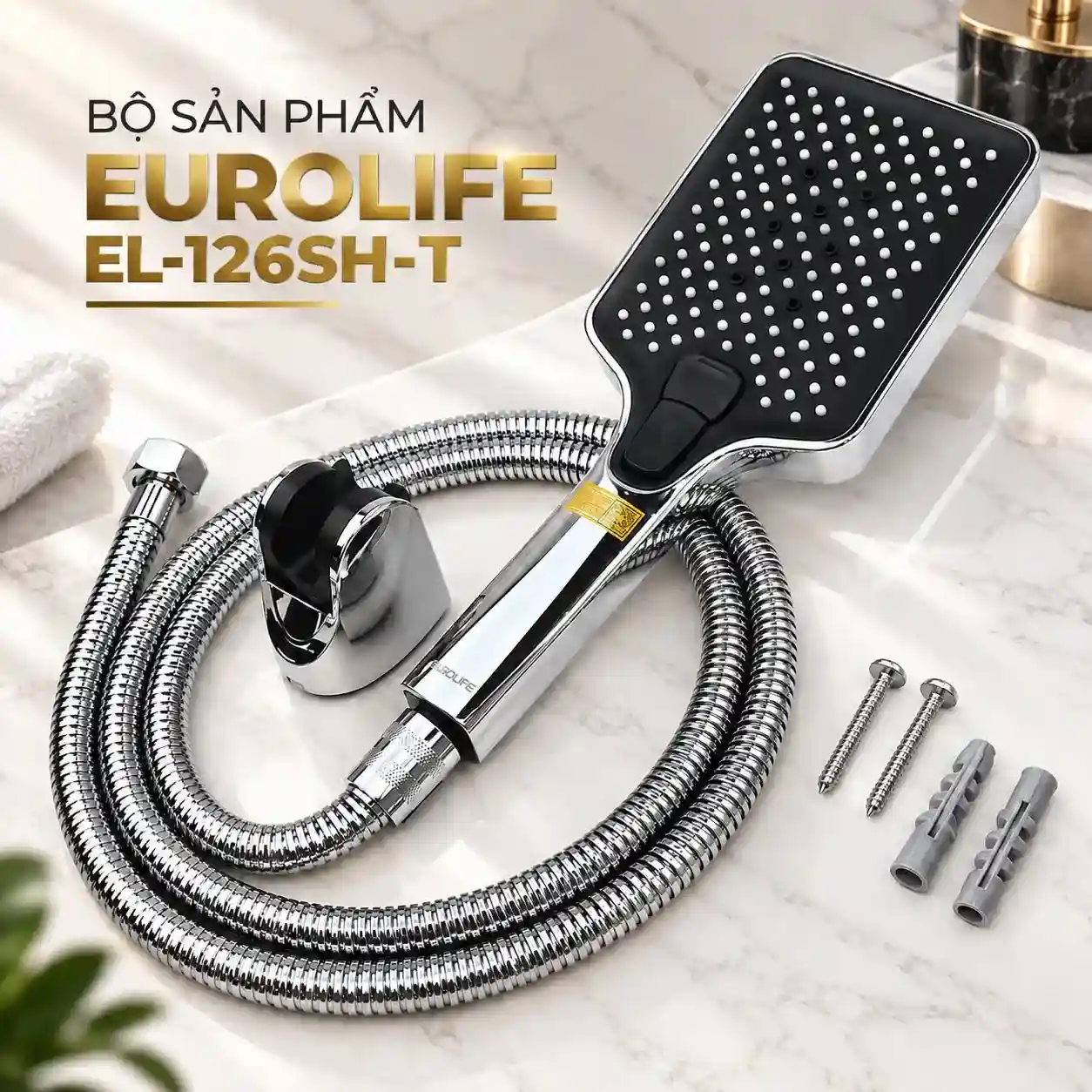 Trọn bộ Eurolife EL-126SH-T gồm tay sen 4 chế độ, dây sen, bát gác và phụ kiện lắp đặt