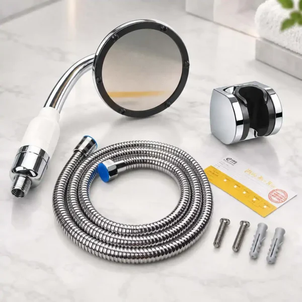 Trọn bộ Eurolife EL-146SH gồm tay sen mặt tròn, dây sen 150 cm, bát gác, 2 ốc vít và 2 tắc kê