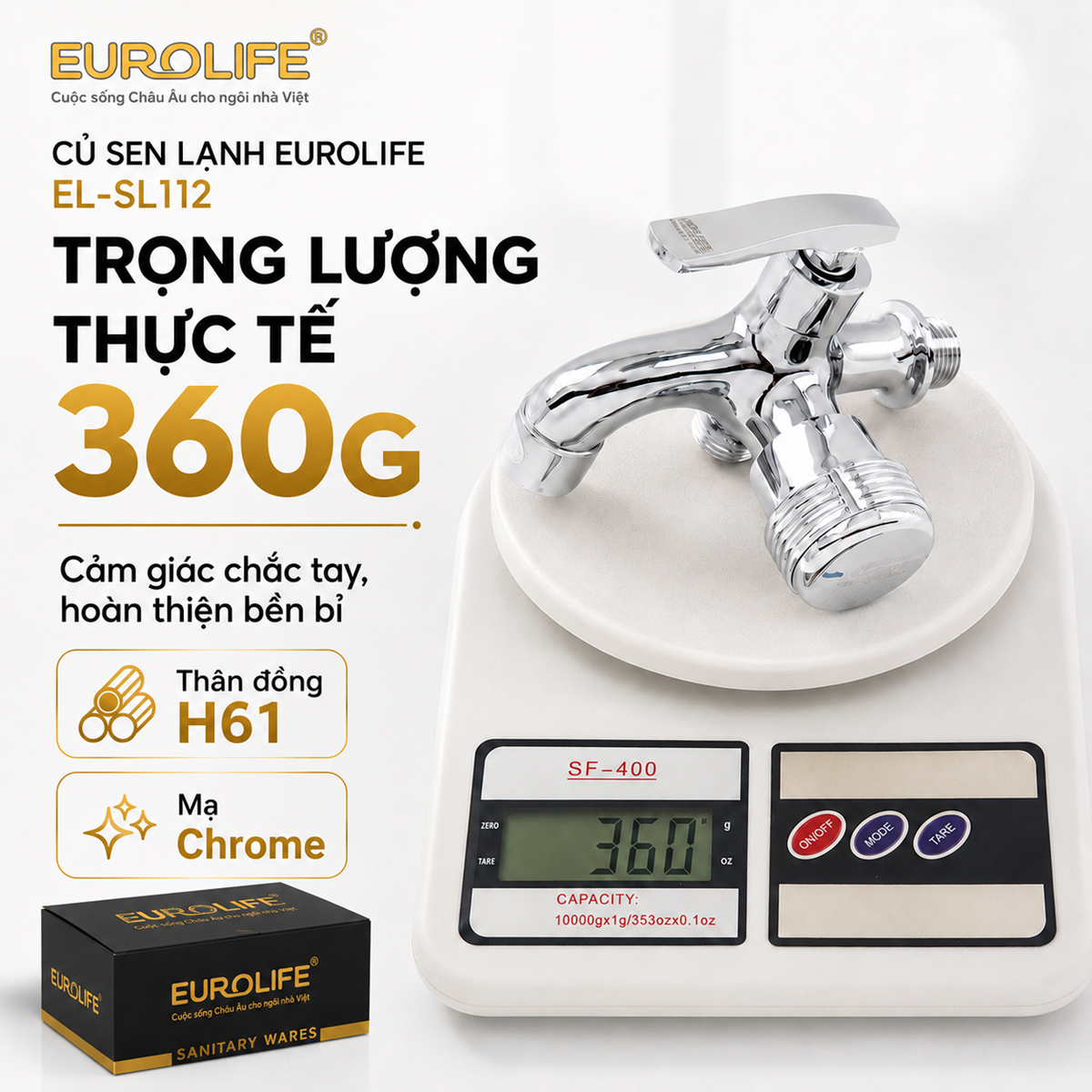 Củ sen lạnh Eurolife EL-SL112 có trọng lượng thực tế khoảng 360 g, thân Đồng H61, bề mặt Chrome và thiết kế nhỏ gọn, thuận tiện lắp đặt.