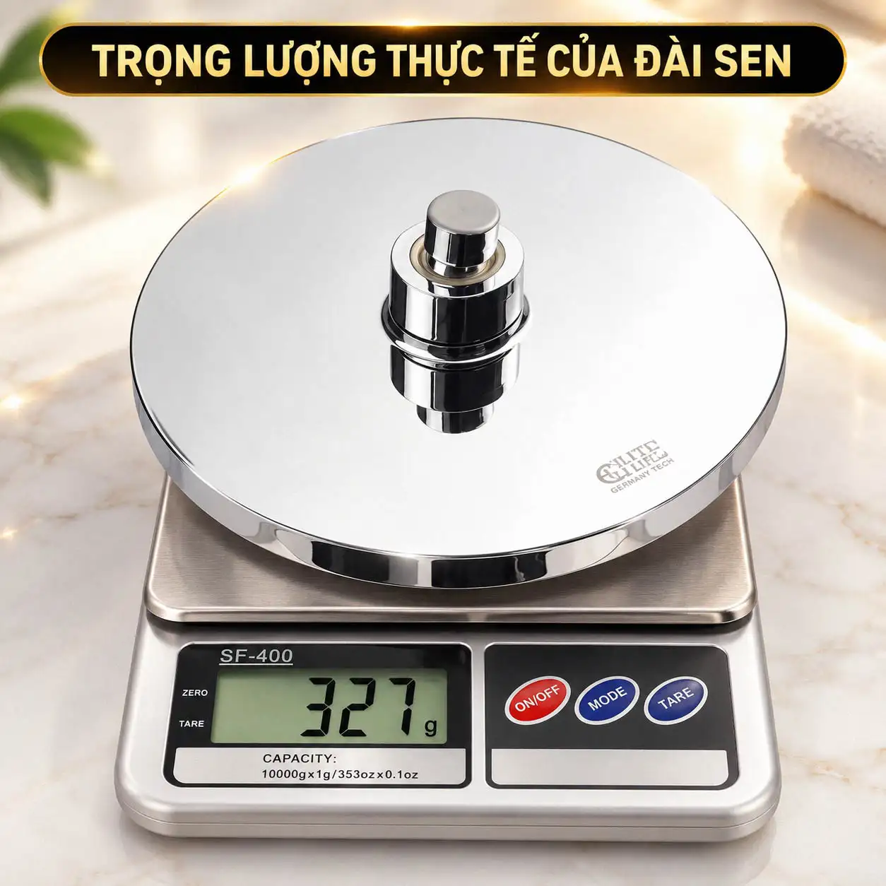 Đài sen Eurolife EL-DST01 đặt trên cân điện tử hiển thị trọng lượng 327g