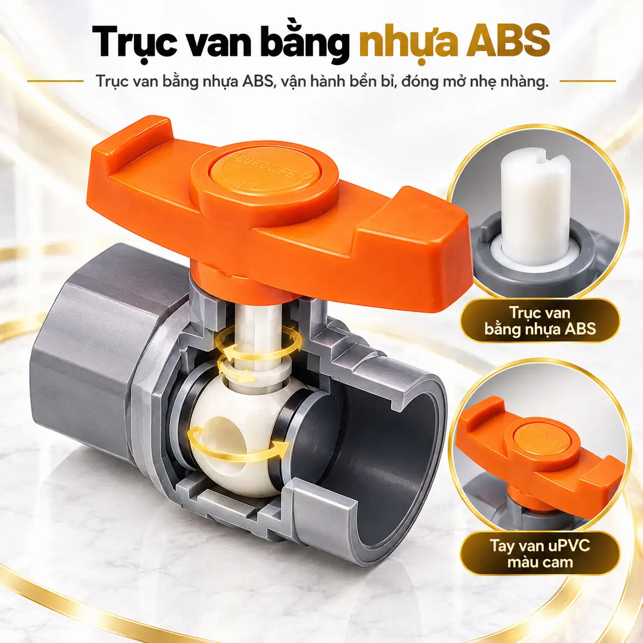 Trục van nhựa ABS Eurolife EL-VX kết nối tay van uPVC màu cam với bi đóng mở bên trong