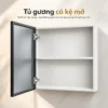Tủ gương nhôm Eurolife BLV-AL15 mở cánh bên trái, thể hiện khoang chứa hai tầng và hệ bản lề bên trong.