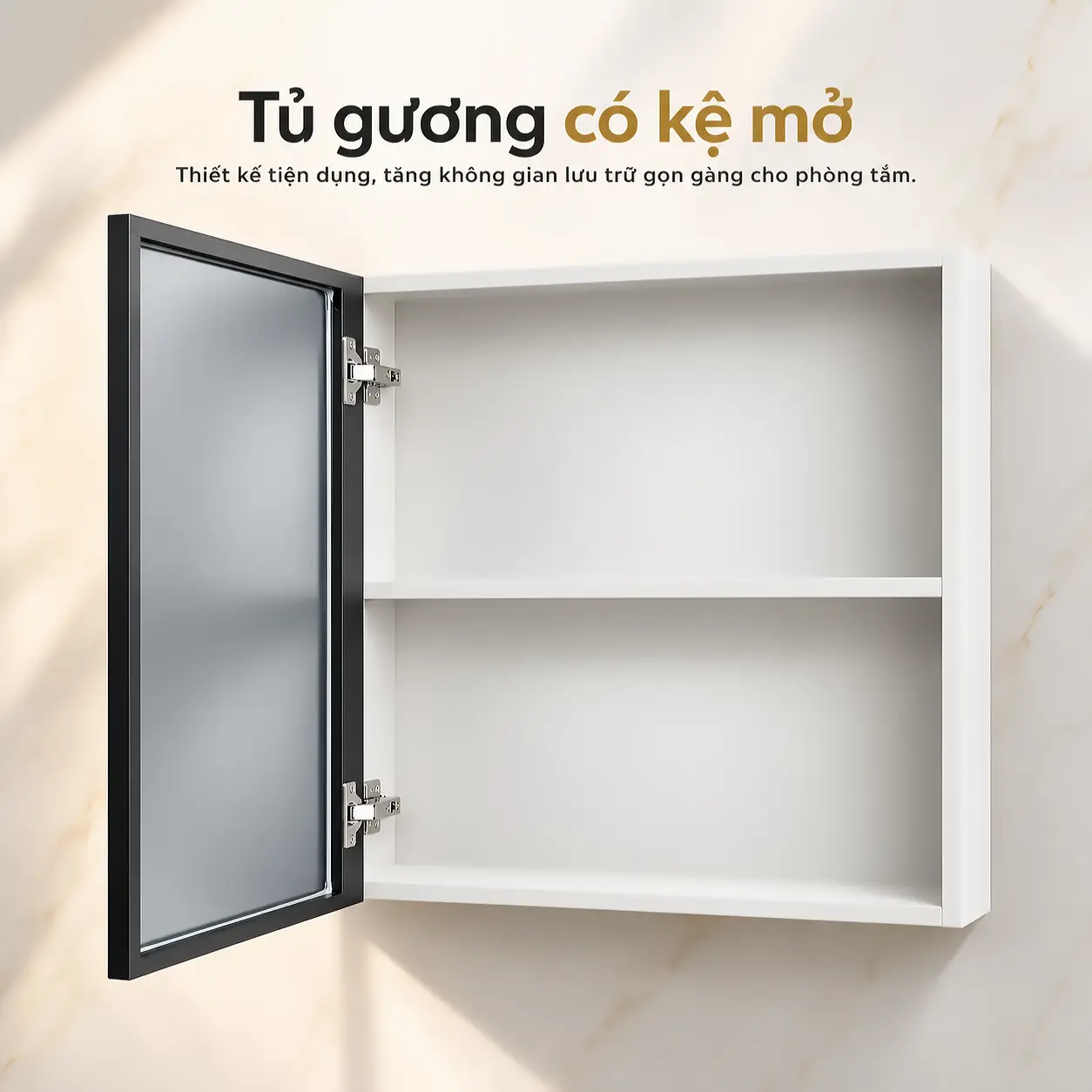 Tủ gương nhôm Eurolife BLV-AL15 mở cánh bên trái, thể hiện khoang chứa hai tầng và hệ bản lề bên trong.