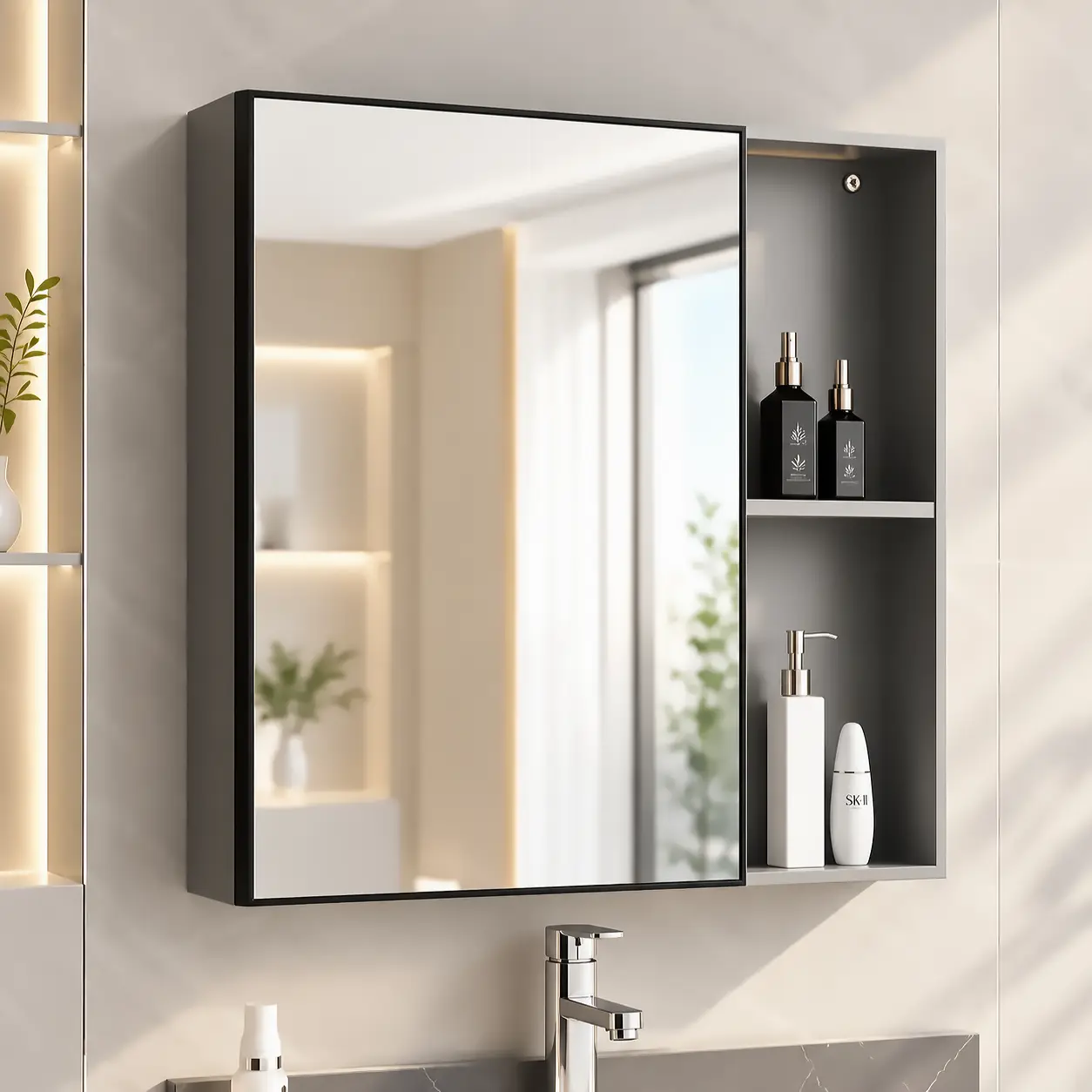 Tủ gương nhôm Aluminium Eurolife BLV-AL15 gắn tường với cánh gương lớn, khung viền đen và kệ mở hai tầng bên phải.