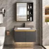 Tủ gương Eurolife BLV-IN03 có cánh gương viền vàng bên trái, ba khoảng kệ chứa đồ bên phải và thiết kế treo tường đồng bộ với tủ lavabo.