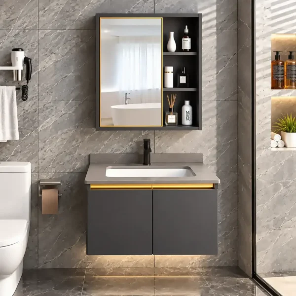 Tủ gương Eurolife BLV-IN03 có cánh gương viền vàng bên trái, ba khoảng kệ chứa đồ bên phải và thiết kế treo tường đồng bộ với tủ lavabo.