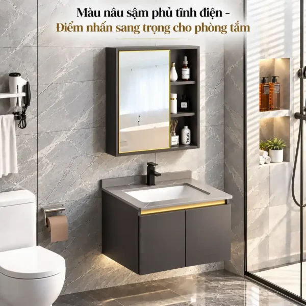 Bộ tủ lavabo Eurolife BLV-IN03 màu nâu sậm phủ tĩnh điện, phối chỉ vàng, chậu sứ trắng và mặt đá xám trong phòng tắm hiện đại.