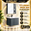 Tủ lavabo inox 304 Eurolife BLV-IN02 cánh sọc dọc 60cm, gồm tủ dưới, chậu sứ men Nano và tủ gương