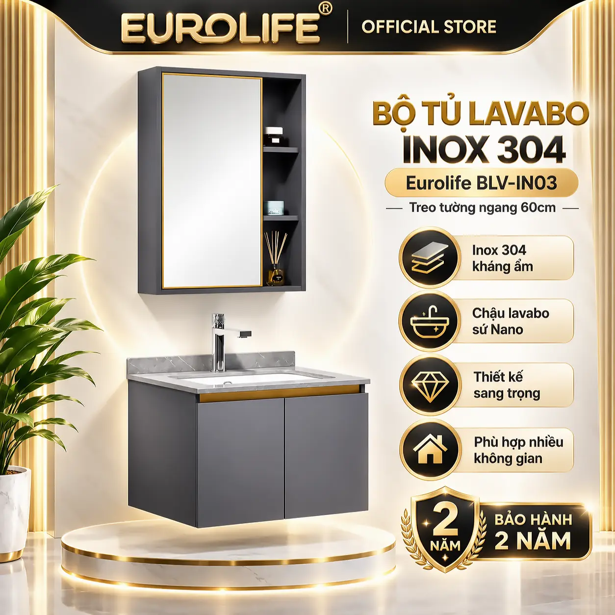 Tủ lavabo Inox 304 Eurolife BLV-IN03 treo tường ngang 60cm, màu nâu sậm phối vàng, chậu sứ men Nano âm bàn, tủ gương và bảo hành 2 năm.