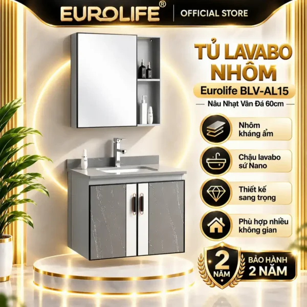 Tủ lavabo nhôm Eurolife BLV-AL15 màu nâu nhạt vân đá 60cm, gồm tủ dưới Aluminium treo tường, mặt đá, chậu sứ âm và tủ gương, bảo hành 2 năm.