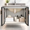 Tủ lavabo nhôm Eurolife BLV-AL15 mở hai cánh, thể hiện khoang chứa khăn tắm, chai lọ và vật dụng bên dưới chậu sứ âm bàn.