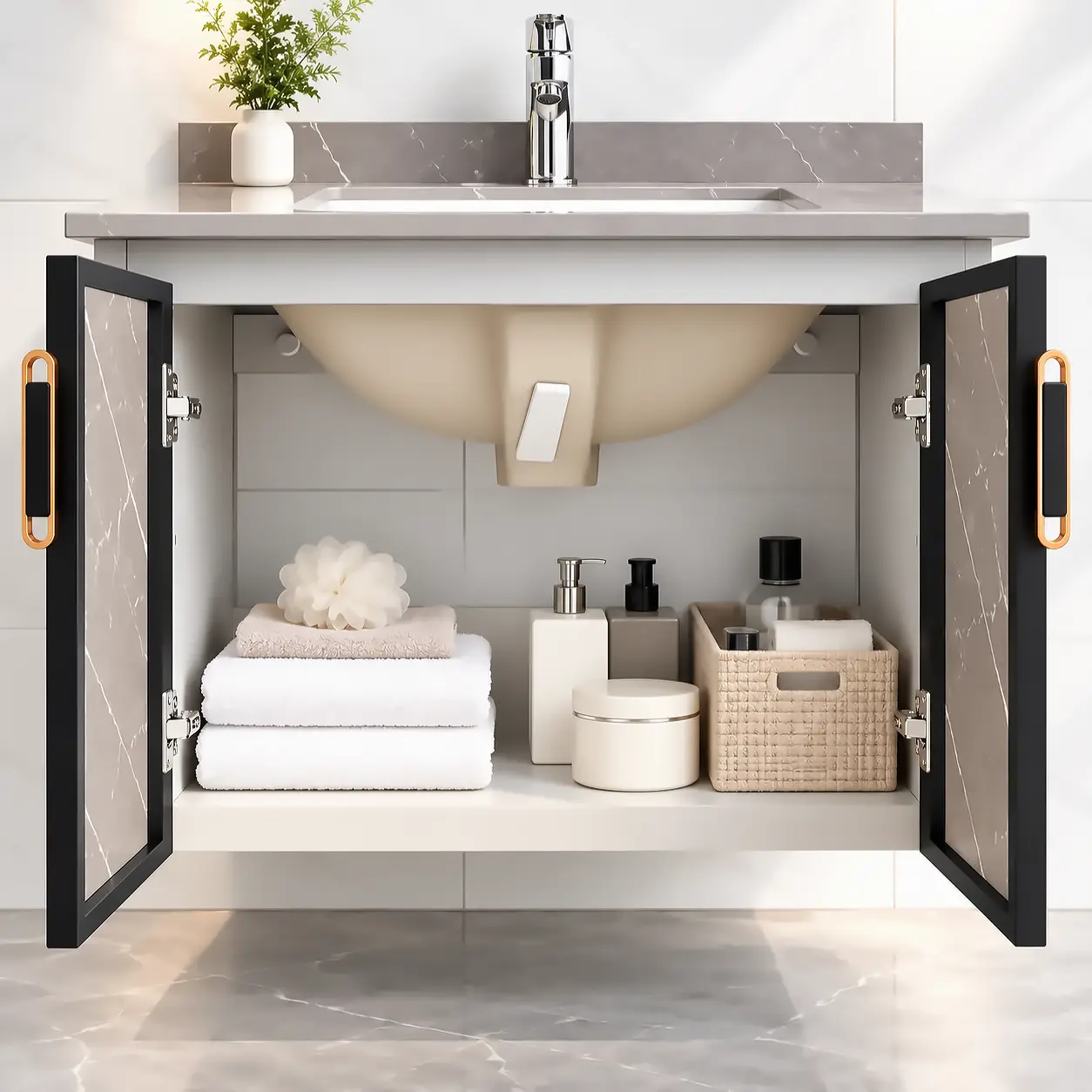 Tủ lavabo nhôm Eurolife BLV-AL15 mở hai cánh, thể hiện khoang chứa khăn tắm, chai lọ và vật dụng bên dưới chậu sứ âm bàn.