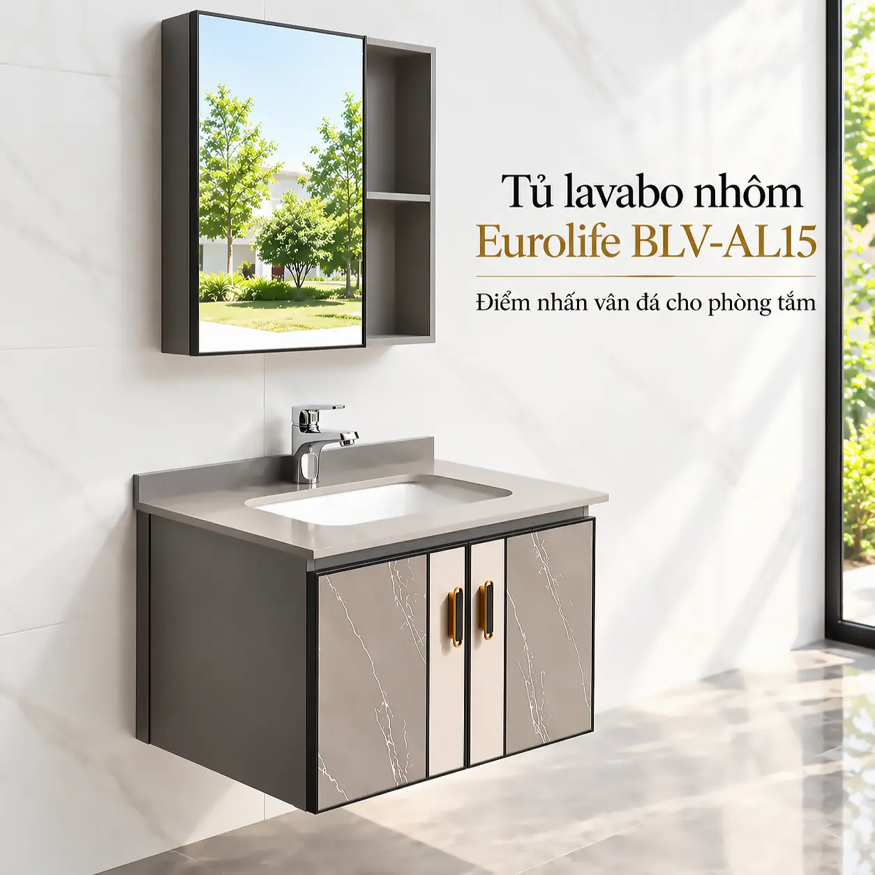 Bộ tủ lavabo nhôm Eurolife BLV-AL15 màu nâu nhạt vân đá lắp treo tường, gồm tủ dưới 60cm, mặt đá, chậu sứ và tủ gương có kệ.