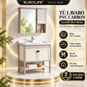 Tủ lavabo PVC Carbon Eurolife BLV-NC03 có chân 80cm màu trắng vân gỗ nhạt, chậu sứ Nano và tủ gương đồng bộ.