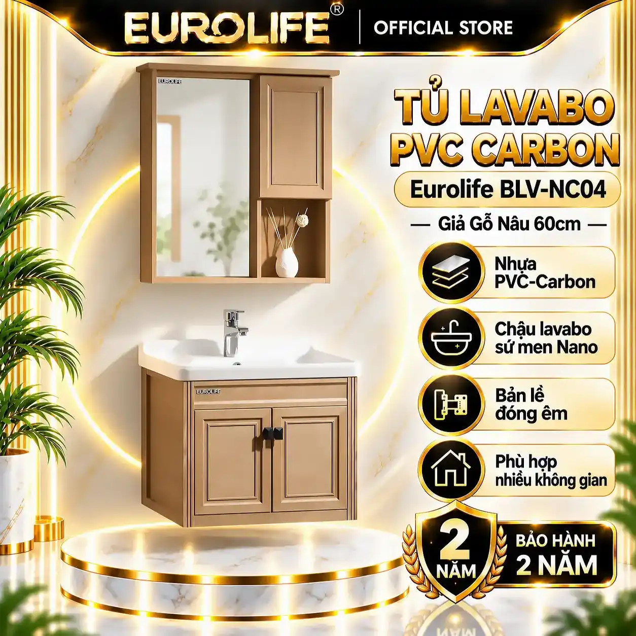 Tủ lavabo PVC Carbon Eurolife BLV-NC04 giả gỗ nâu 60cm, chậu sứ Nano, tủ gương và bản lề đóng êm.