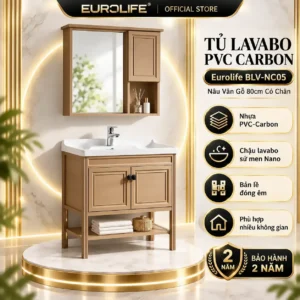 Tủ lavabo PVC Carbon Eurolife BLV-NC05 màu nâu vân gỗ 80cm có chân, chậu sứ Nano và tủ gương