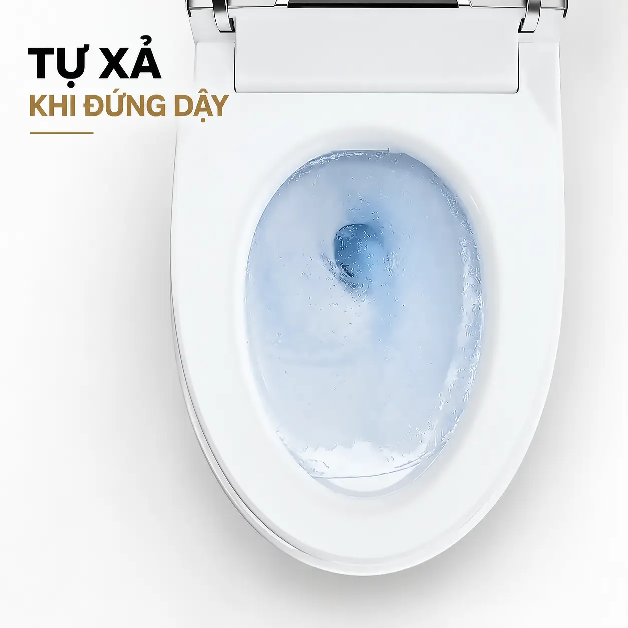 Lòng bồn cầu Eurolife EL-SM8058D đang có dòng nước xả, minh họa chức năng tự xả khi đứng dậy.