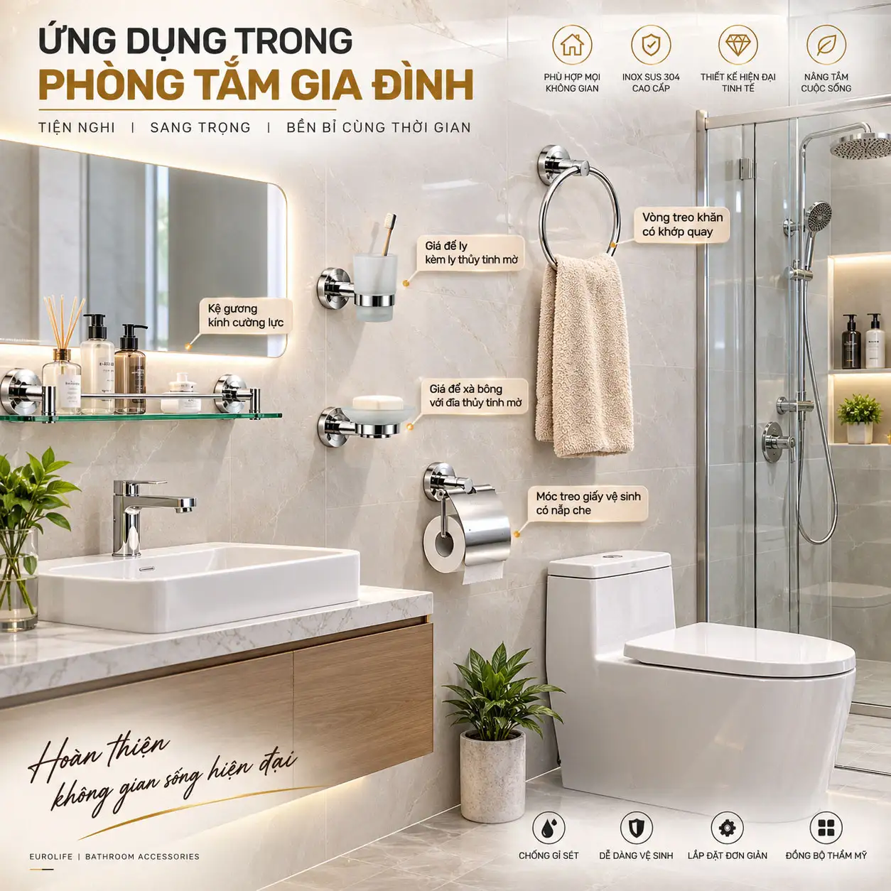 Bộ phụ kiện phòng tắm Inox 304 Eurolife EL-P01 lắp đặt trong phòng tắm gia đình