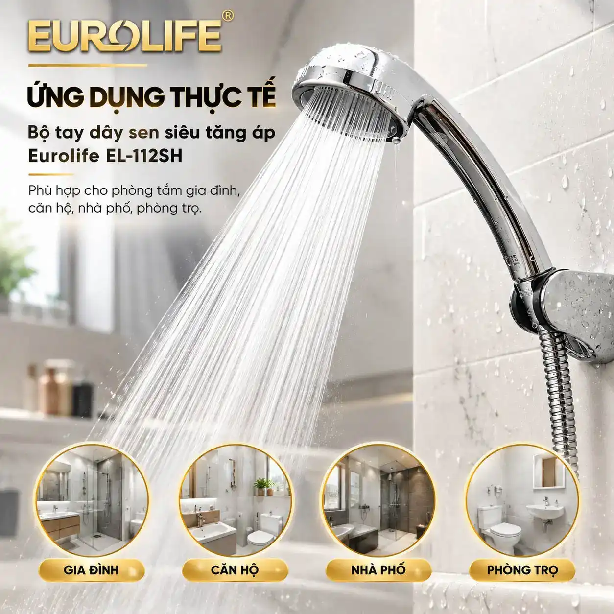 Bộ tay dây sen Eurolife EL-112SH lắp trong phòng tắm, phù hợp gia đình, căn hộ, nhà phố và phòng trọ