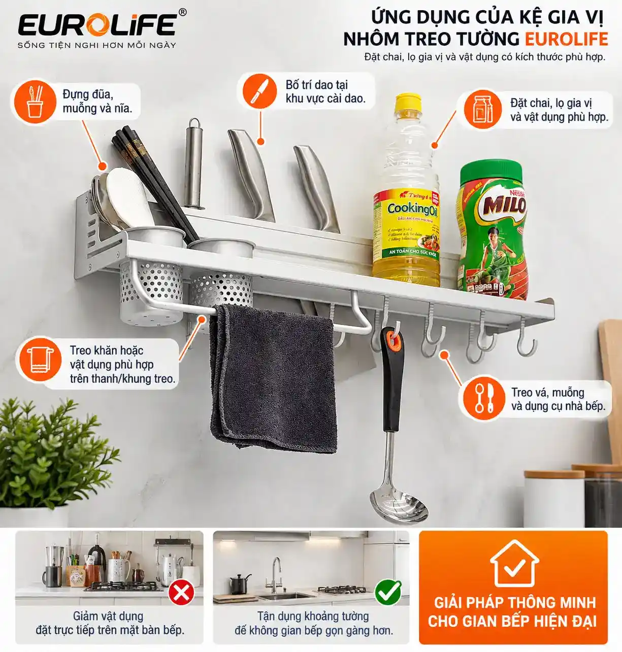 Ứng dụng kệ gia vị nhôm treo tường Eurolife EL-K2