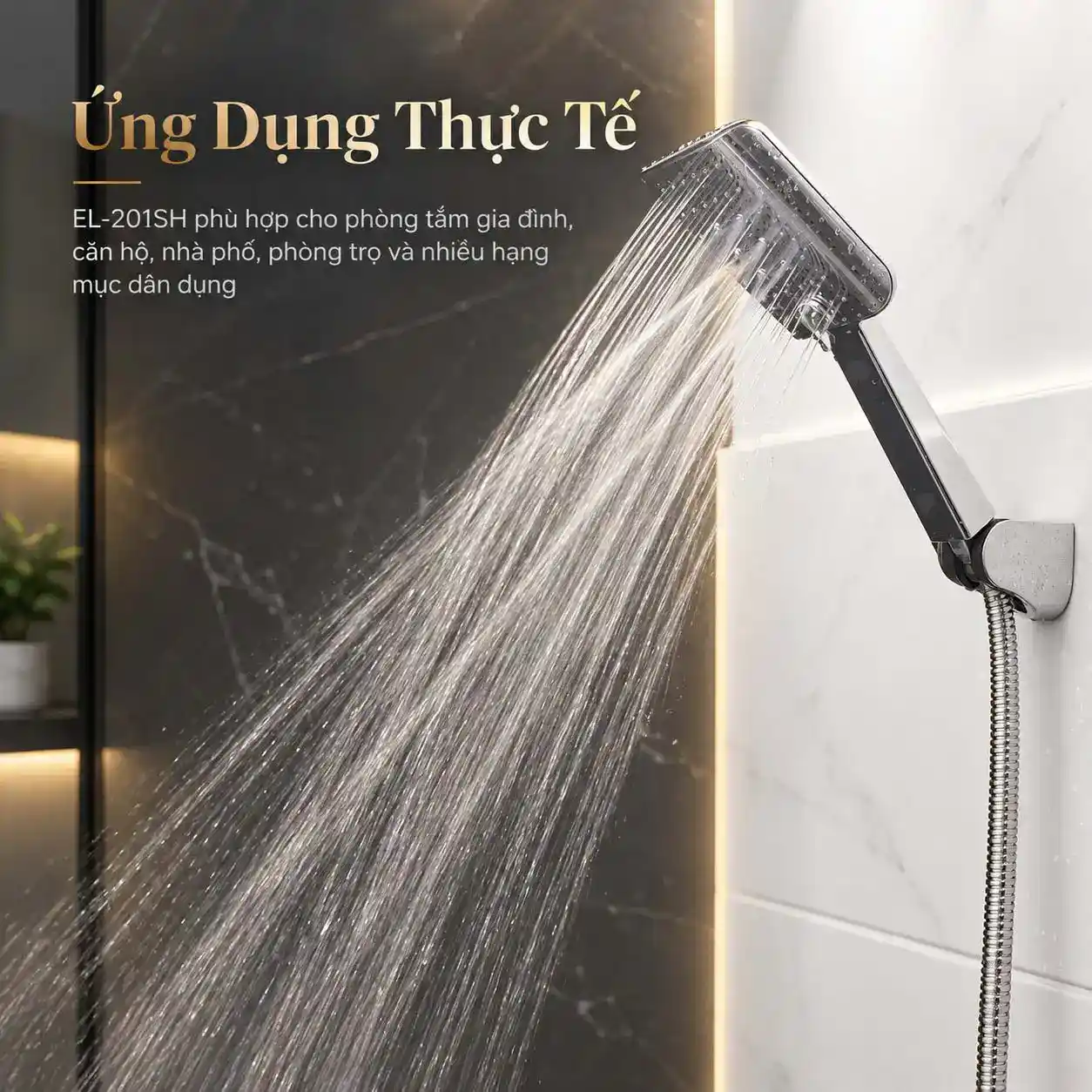 Bộ tay dây sen Eurolife EL-201SH lắp đặt thực tế trong phòng tắm với tay sen đặt trên bát gác