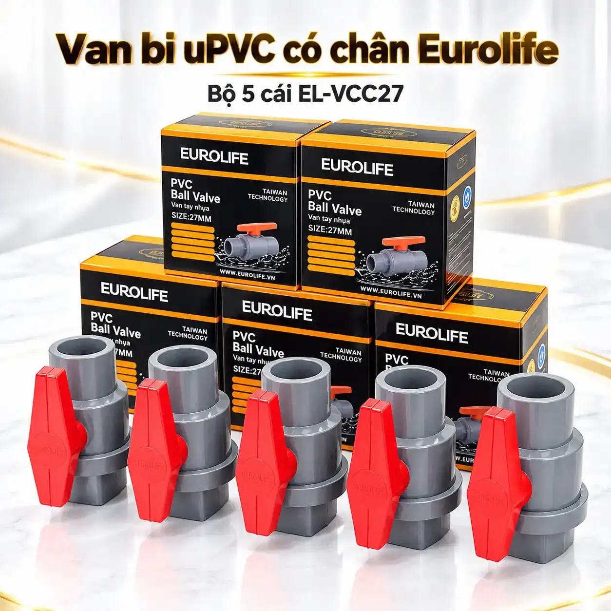 Bộ 5 van bi uPVC có chân Eurolife EL-VCC27 size 27 mm 3/4 inch kèm hộp sản phẩm
