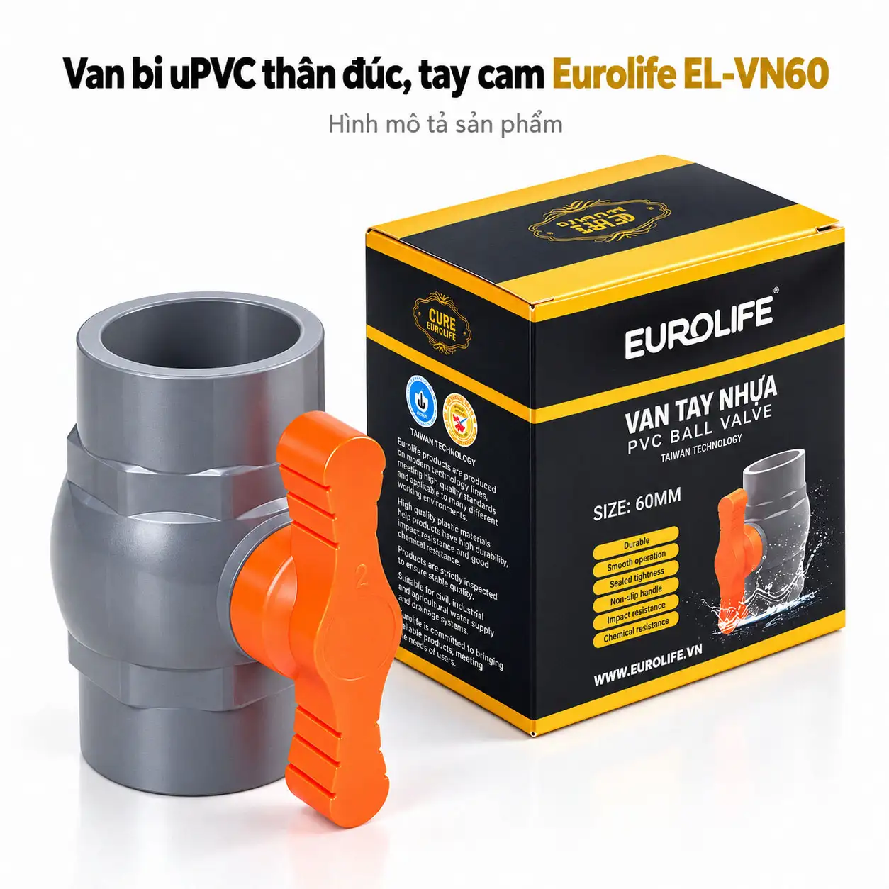 Van bi uPVC Eurolife EL-VN60 size 60mm DN50 bên cạnh hộp sản phẩm