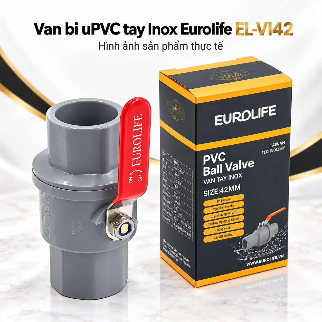 Van bi uPVC tay Inox Eurolife EL-VI42 size 42 mm cùng hộp sản phẩm chính hãng
