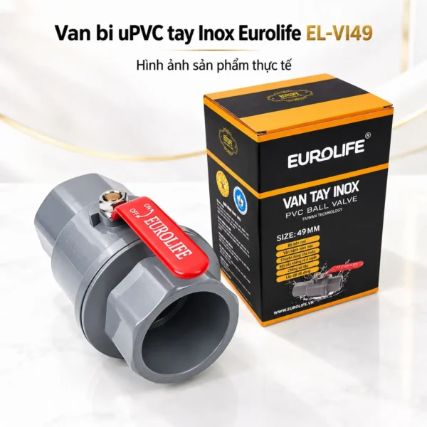 Van bi uPVC Eurolife EL-VI49 kích thước 49 mm với tay Inox bọc đỏ và hộp sản phẩm