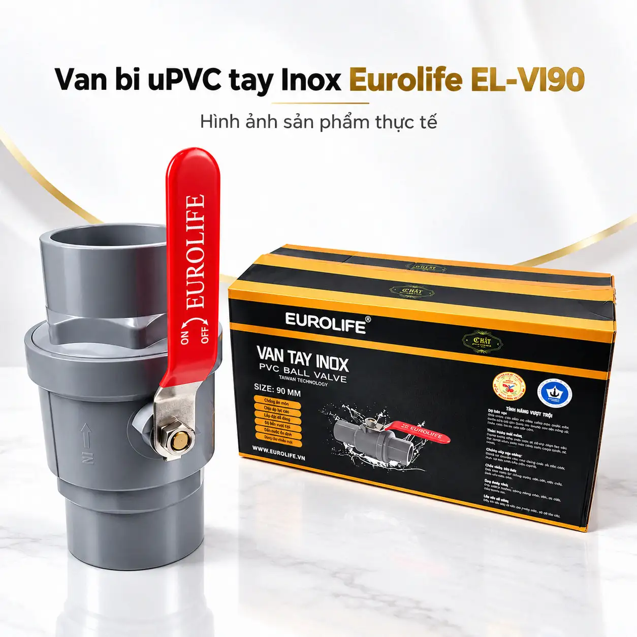 Van bi uPVC tay Inox Eurolife EL-VI90 kích thước 90 mm cùng bao bì Eurolife
