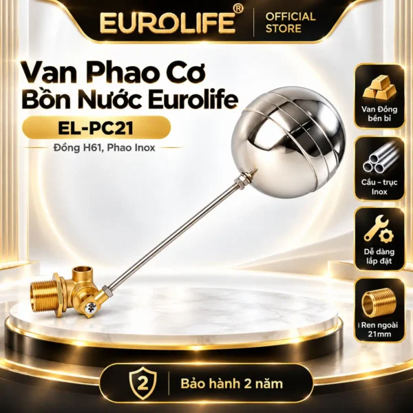 Van phao cơ bồn nước Eurolife EL-PC21 thân đồng H61 phao Inox ren ngoài 21mm