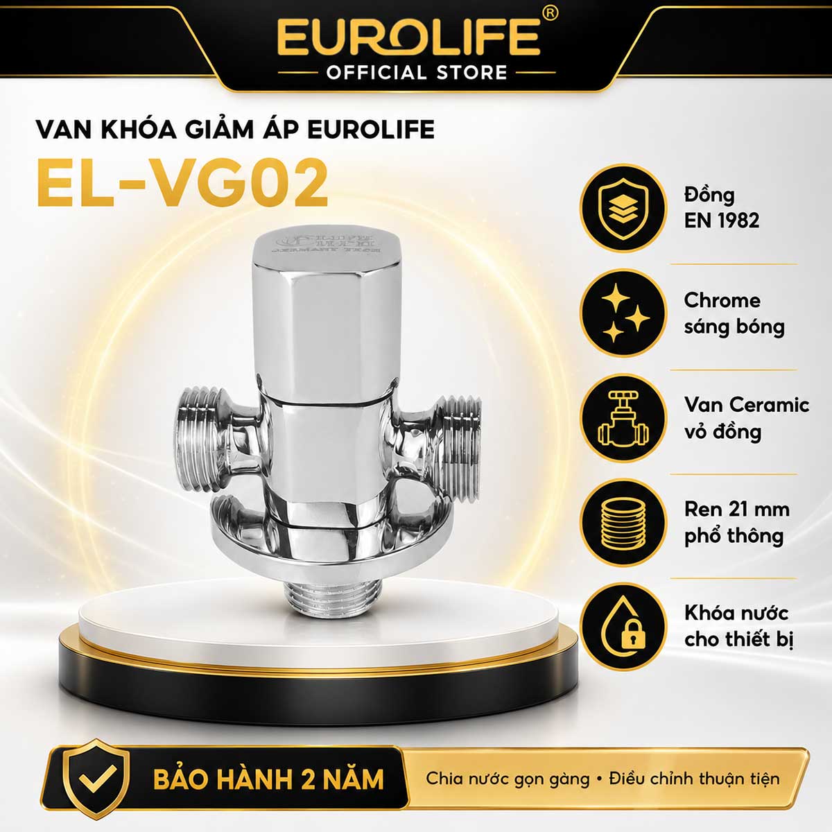 Van T chia 2 đường nước Eurolife EL-VG02 chính hãng, thân Đồng H61 mạ Chrome, van Ceramic vỏ đồng, ren 21mm và bảo hành 2 năm.