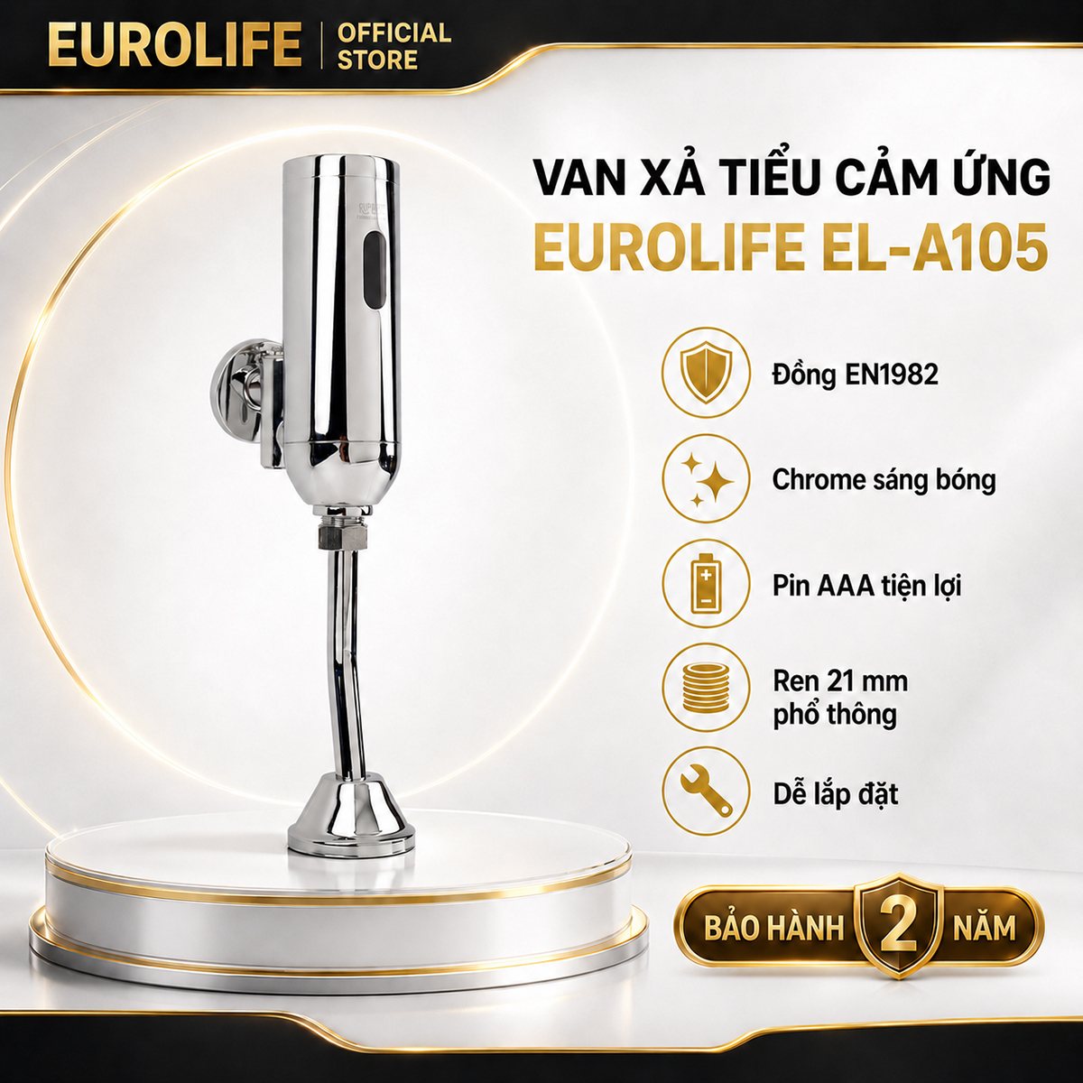 Van xả tiểu cảm ứng Eurolife EL-A105 thân hợp kim đồng H61 mạ Chrome, dùng pin AAA, ren ngoài 21mm, dễ lắp đặt và bảo hành 2 năm.