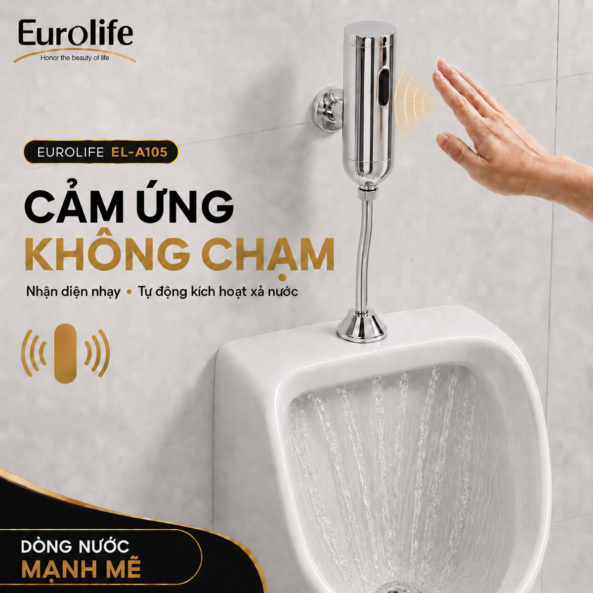 Van xả tiểu Eurolife EL-A105 tự động kích hoạt xả nước bằng cảm ứng, hạn chế tiếp xúc trực tiếp và phù hợp khu vệ sinh gia đình, văn phòng, khách sạn.