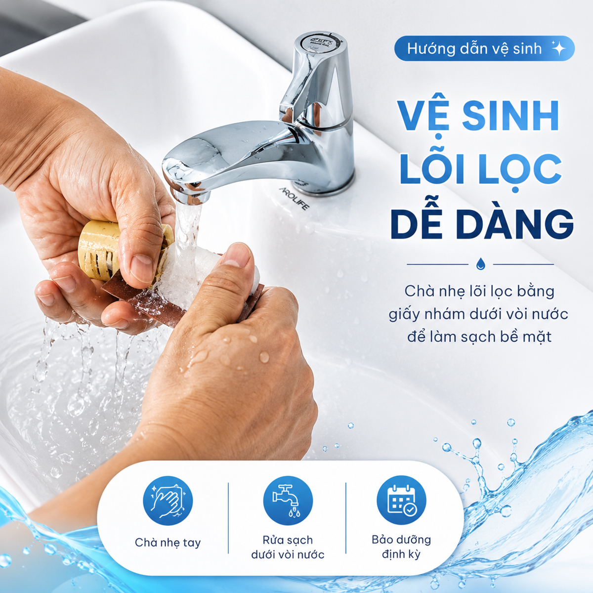 Hình ảnh hướng dẫn vệ sinh lõi lọc Eurolife EL-LL-D10 bằng giấy nhám dưới vòi nước, giúp làm sạch bề mặt lõi sứ và duy trì lưu lượng nước khi sử dụng.