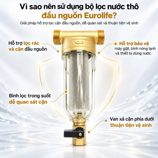 Vì sao nên dùng bộ lọc nước thô đầu nguồn Eurolife với bình trong suốt lõi lọc và van xả cặn