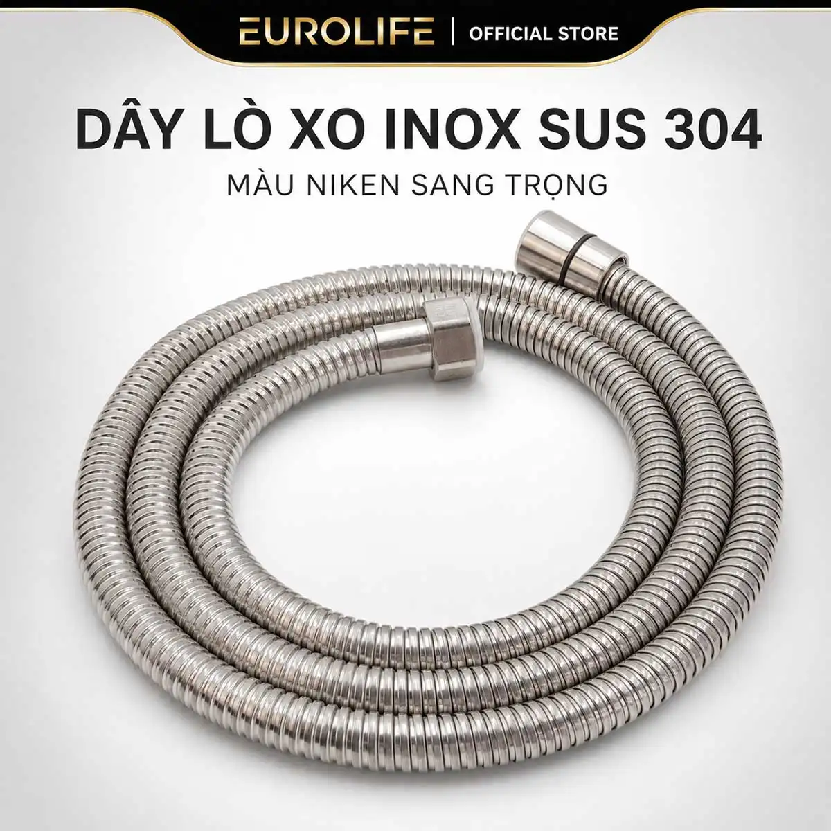 Dây xịt Eurolife EL-X12-V sử dụng vỏ lò xo Inox SUS 304 hoàn thiện màu Niken đồng bộ với tay xịt. 
