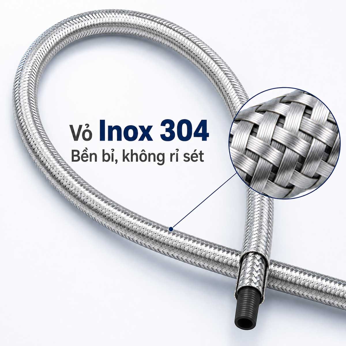 Vỏ dây cấp Eurolife EL-DI50, EL-DI60 được bện từ Inox SUS 304, giúp bảo vệ ruột EPDM và có khả năng chống ăn mòn tốt trong điều kiện dân dụng phù hợp.