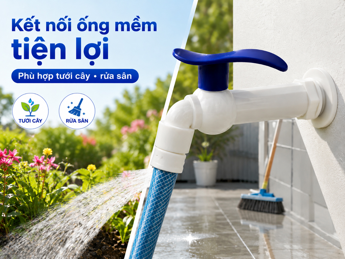 Vòi hồ thân dài Eurolife EL-VHX2127-D kết nối trực tiếp với ống mềm, phù hợp tưới cây, rửa sân và vệ sinh ngoài trời.