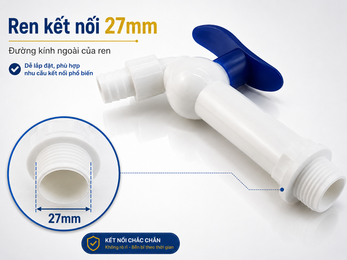 Chi tiết ren kết nối 27mm của vòi hồ nhựa PP Eurolife EL-VHX2127-D dài 110mm, bán theo bộ 3 vòi.