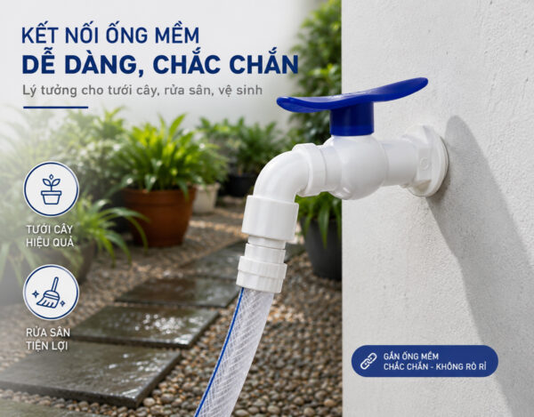 Vòi hồ Eurolife EL-VHX2127 kết nối ống mềm tại sân vườn, phù hợp tưới cây, rửa sân và vệ sinh ngoài trời.