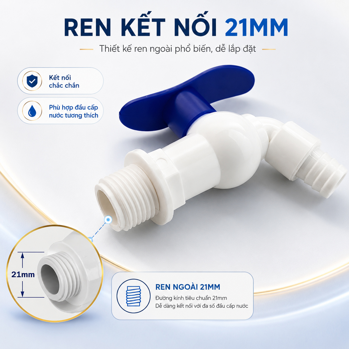 Vòi hồ nhựa PP Eurolife EL-VHX2127 phiên bản ren ngoài 21mm, phù hợp đầu cấp nước có kích thước tương thích.
