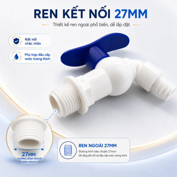 Vòi hồ nhựa PP Eurolife EL-VHX2127 phiên bản ren ngoài 27mm, phù hợp lắp vào đầu cấp nước có kích thước tương thích.