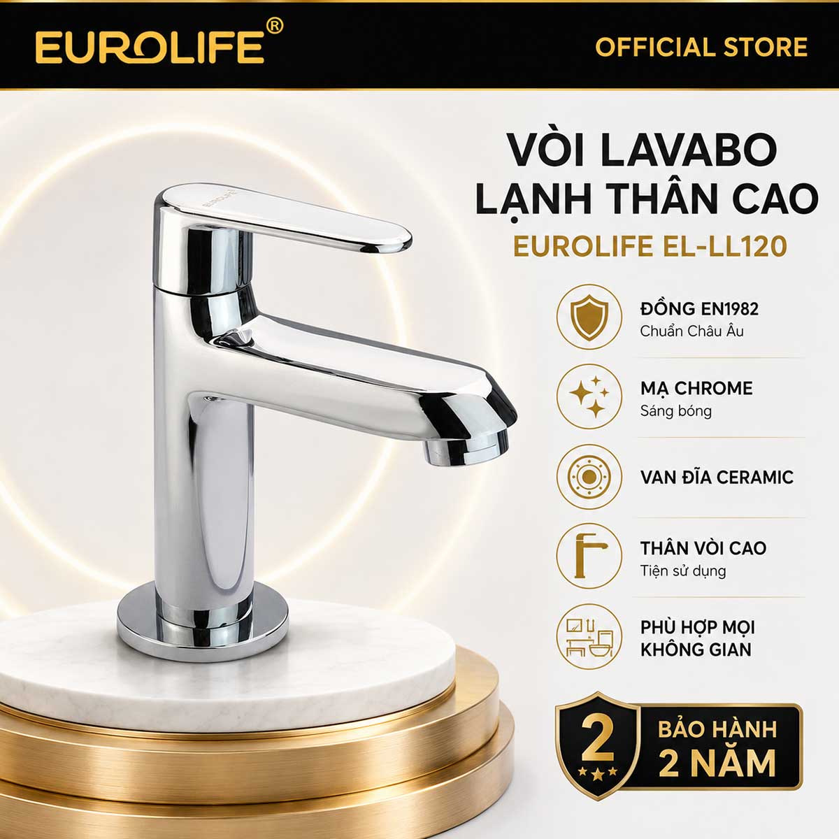Vòi lavabo lạnh thân cao Eurolife EL-LL120 đồng mạ Chrome
