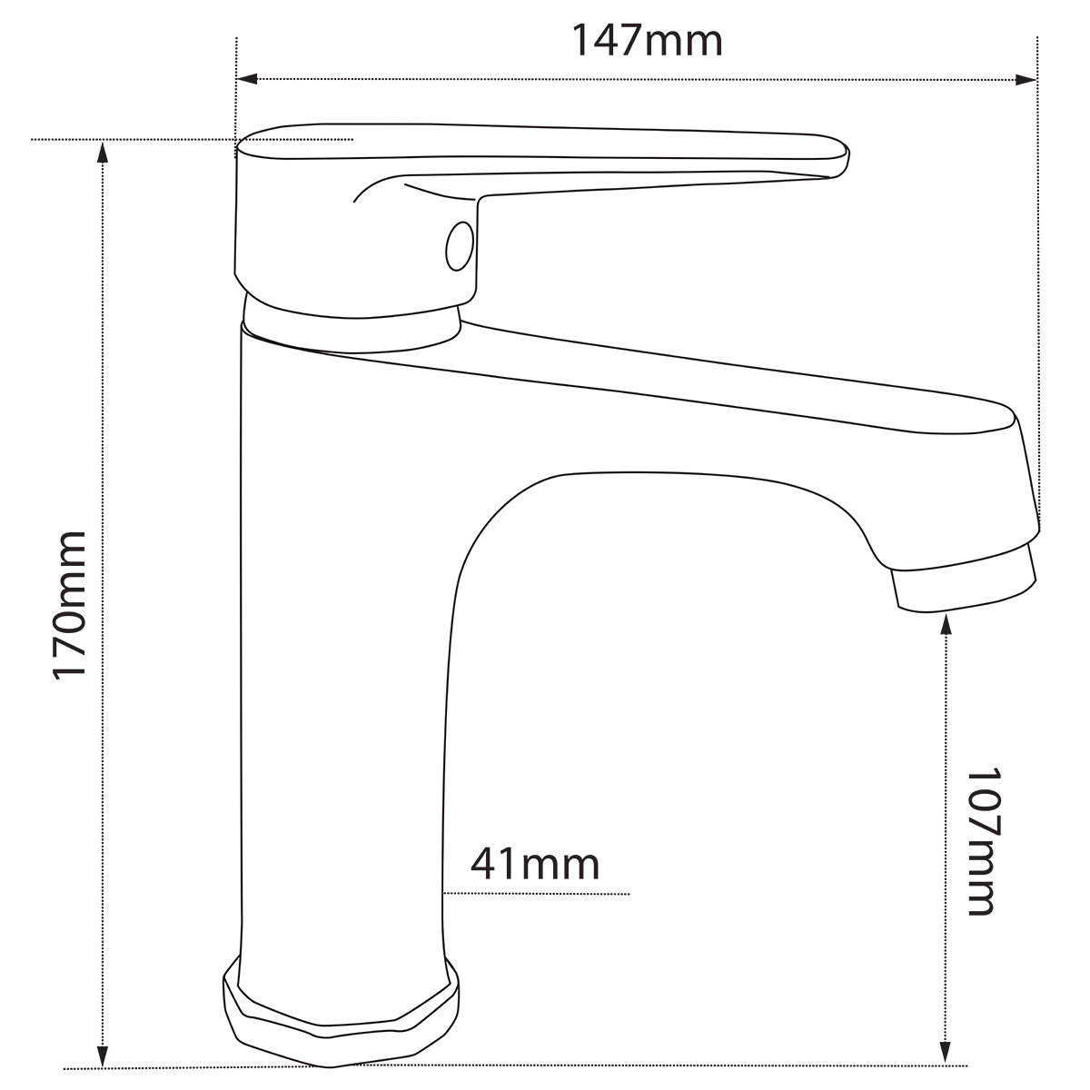 Ảnh bản vẽ kích thước vòi lavabo nóng lạnh Eurolife EL-7002 chính hãng, gồm chiều cao 170mm, chiều dài tay gạt 147mm, chiều cao đầu vòi 107mm và thân vòi 41mm, hỗ trợ khách hàng kiểm tra trước khi mua.