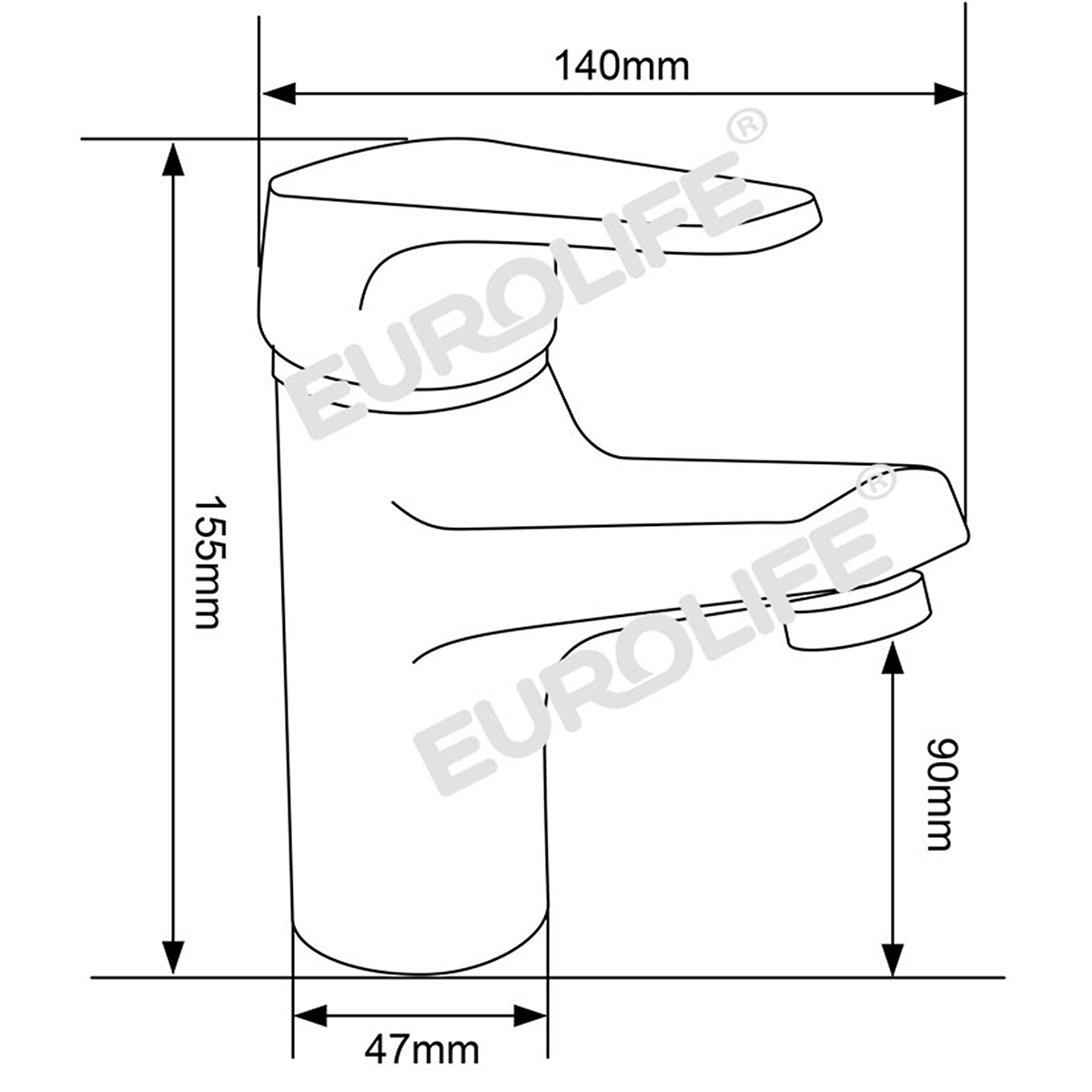 Ảnh bản vẽ kích thước vòi lavabo nóng lạnh Eurolife EL-IRIS 02 chính hãng, gồm chiều cao 155mm, chiều dài tay gạt 140mm, chiều cao đầu vòi 90mm và thân vòi 47mm, hỗ trợ khách hàng kiểm tra trước khi mua.