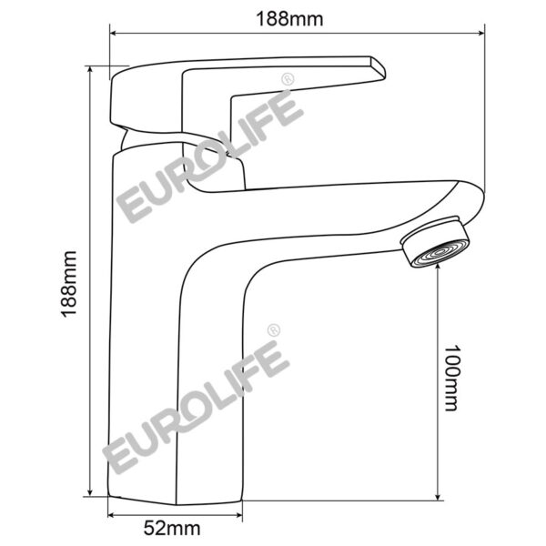 Vòi lavabo nóng lạnh Eurolife EL-SUN 02 có bản vẽ kích thước rõ ràng, cao 188mm, dài 188mm, thân đế 52mm, đầu xả cao 100mm, dễ tham khảo trước khi mua và lắp đặt.