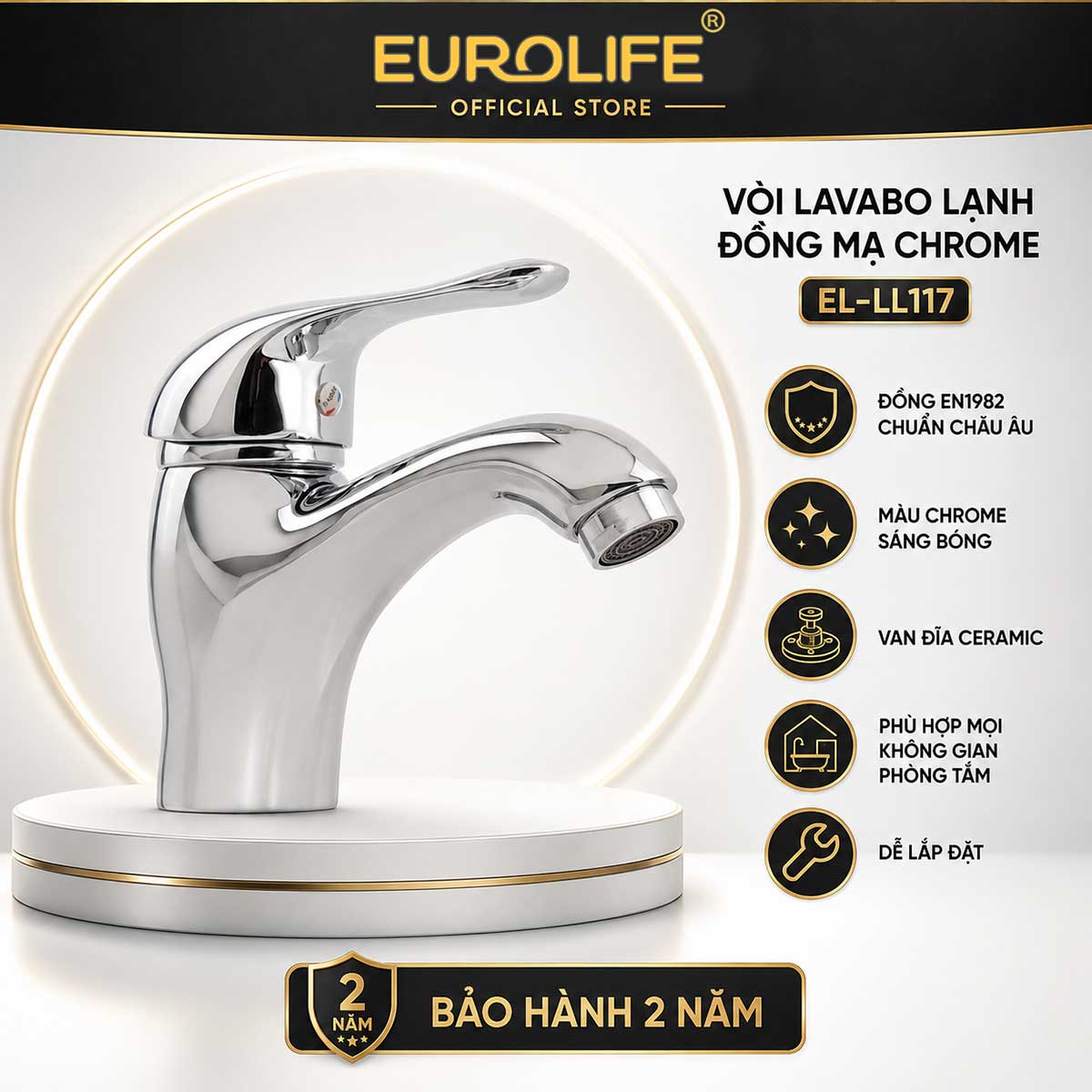 Vòi lavabo thân cao Eurolife EL-LL117 bằng đồng mạ Chrome, van Ceramic, bảo hành 2 năm